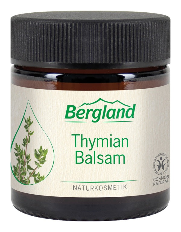 Bergland Thijm balsem in 30ml container, nasal care and inhalation product for cold relief, with herbal Thijm ingredients.