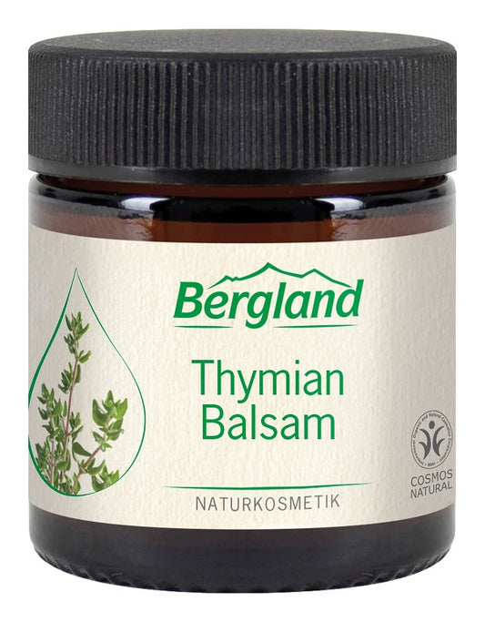 Bergland Thijm balsem in 30ml container, nasal care and inhalation product for cold relief, with herbal Thijm ingredients.