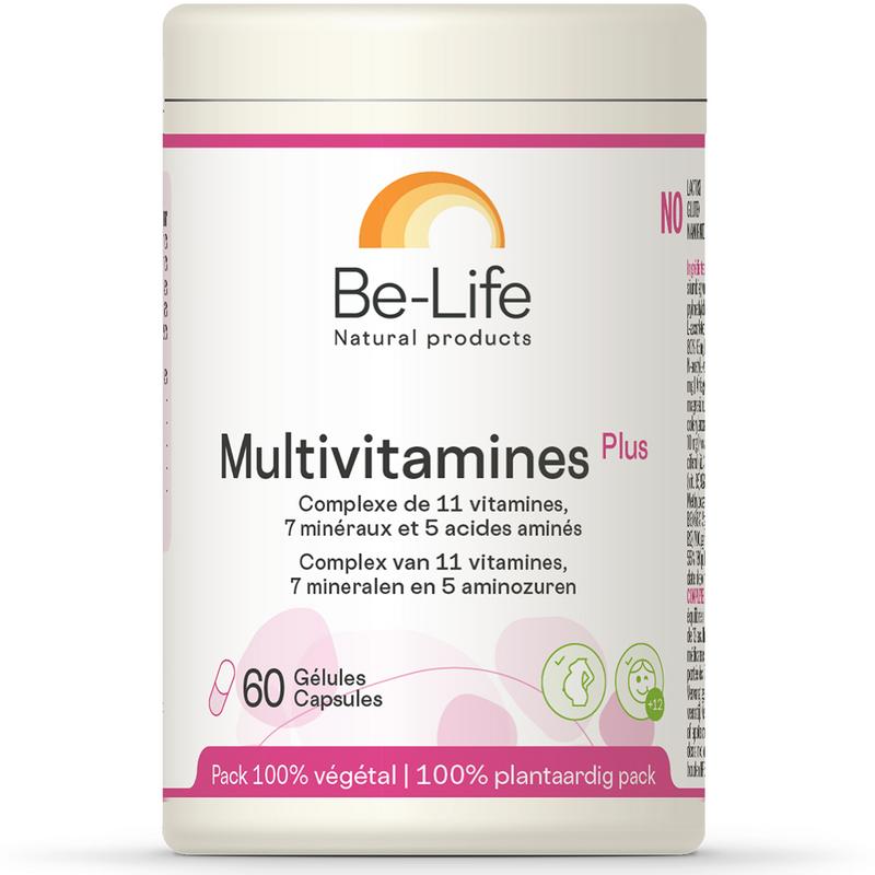 Be-Life Multivitamins plus capsules, dietary supplement with 60 capsules, showing colorful softgel supplements in a bottle.