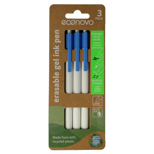 Econovo gelpennen uitwisbaar blauw, 3 stuks, kantoorartikelen with blue ink tips and transparent bodies on a white background.