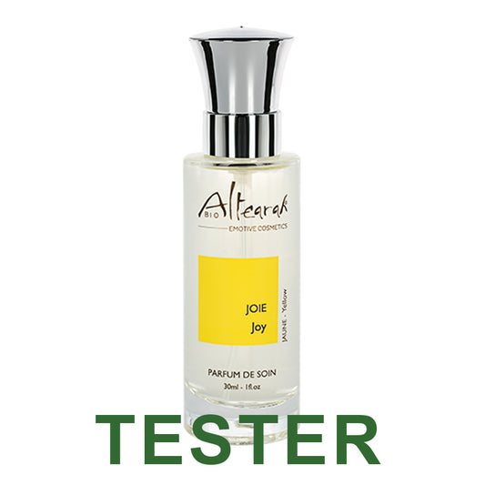 Altearah Yellow Joy Parfum de soin 30ml, a yellow fragrance bottle with a silver cap, displayed as a tester for natural aromatherapy.