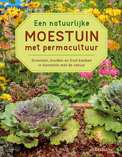Book cover for "Deltas Een natuurlijke moestuin met permacultuur," a gardening book by Deltas featuring a garden scene with lush plants.