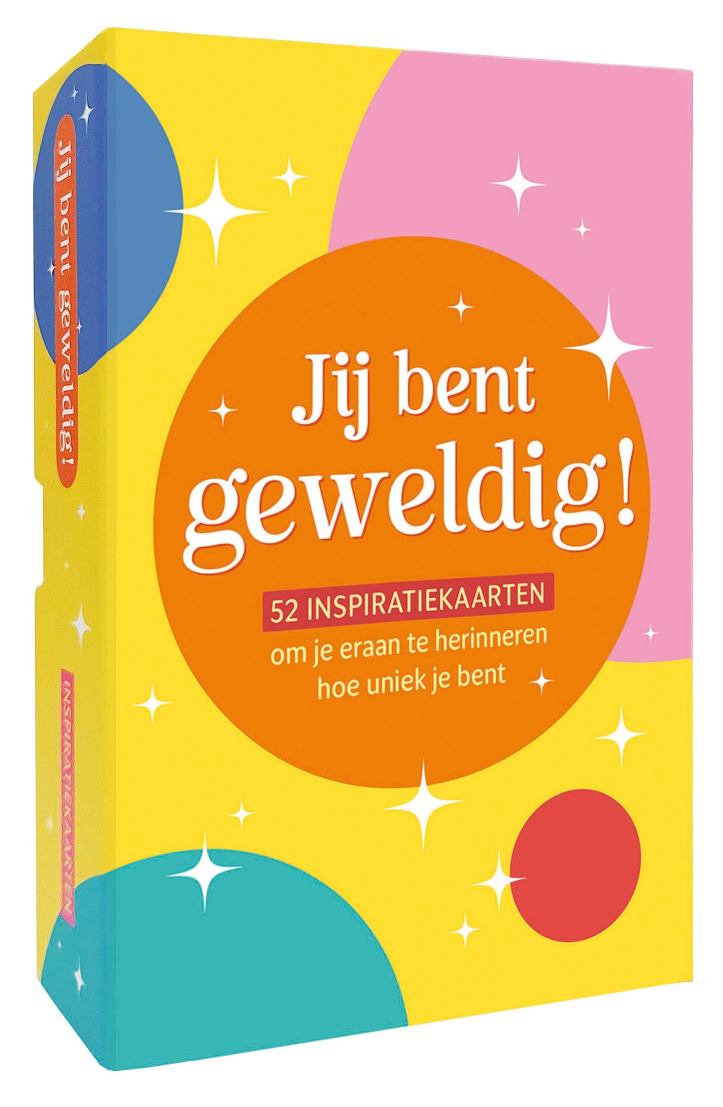 Set of 52 Deltas Jij bent geweldig! inspiration cards, featuring colorful designs and motivational messages for personal growth.