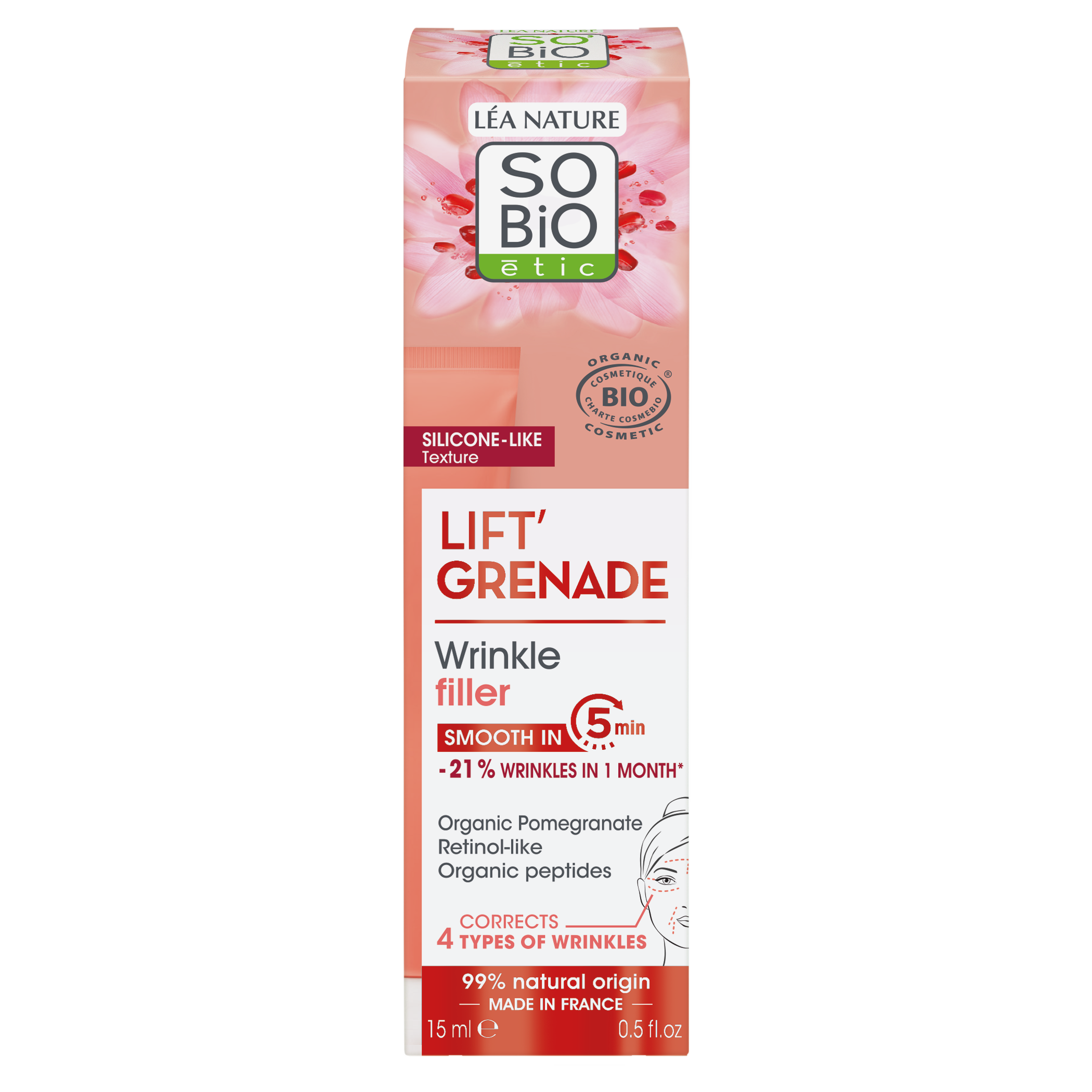 So Bio Etic Lift Grenade eye and lip wrinkle filler in 15ml tube, designed for facial wrinkle treatment and skincare.