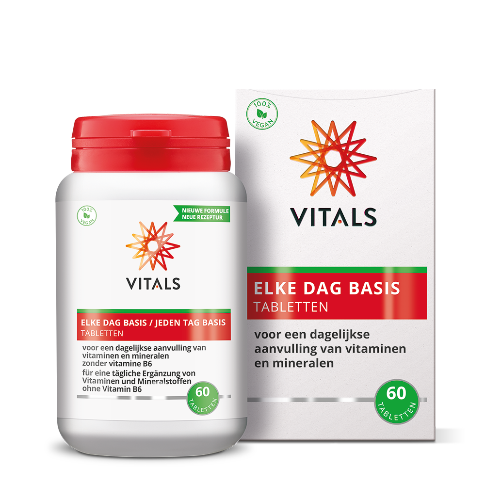 Vitals Elke Dag Basis multivitamine tabletten in een potje, voedingssupplement voor dagelijkse gezondheid.