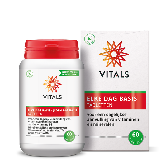Vitals Elke Dag Basis multivitamine tabletten in een potje, voedingssupplement voor dagelijkse gezondheid.