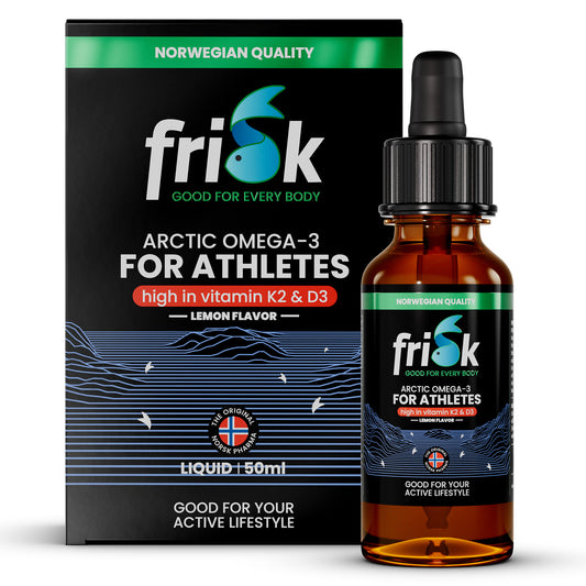 Frisk Omega 3 sporters visolie supplement with K2 and D3 in a 50ml bottle, featuring athletes on the label.