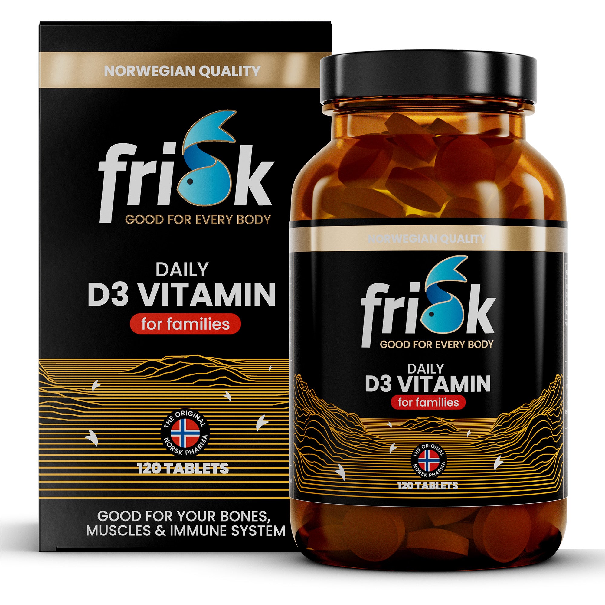 Box of Frisk Vitamine D3 11+ daily tablets with 120 tablets and packaging, showing the supplement's label and product container.