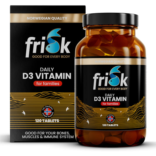 Box of Frisk Vitamine D3 11+ daily tablets with 120 tablets and packaging, showing the supplement's label and product container.