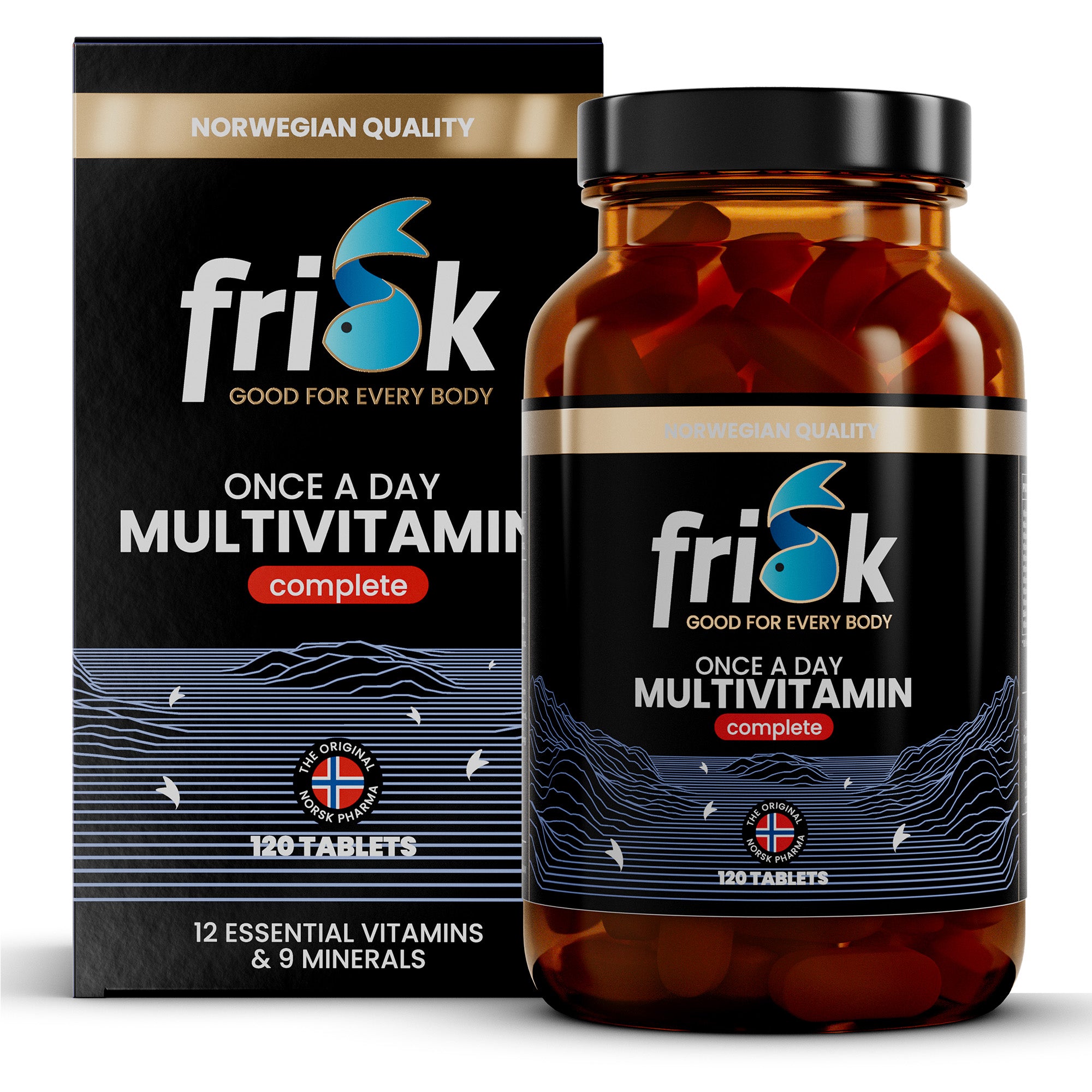 Frisk multivitamin tablets in a bottle and box, complete daily multivitamine supplement for overall health.