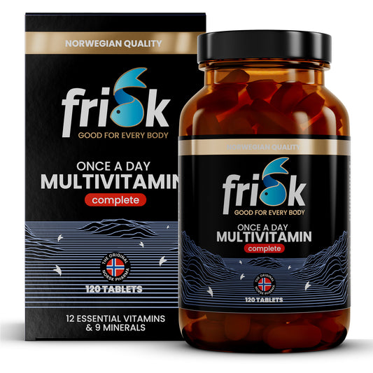 Frisk multivitamin tablets in a bottle and box, complete daily multivitamine supplement for overall health.