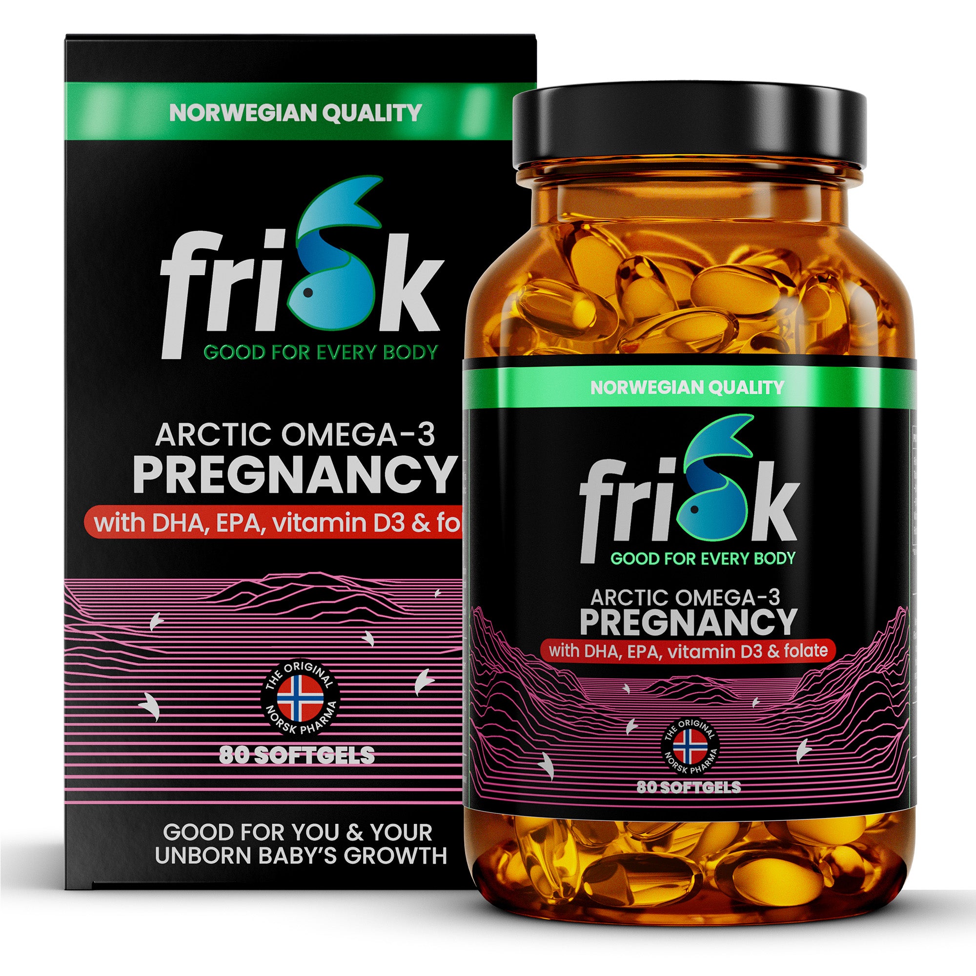 Frisk Omega 3 zwangerschap softgels with DHA and folaat in a bottle and box, designed for pregnancy health and prenatal support.