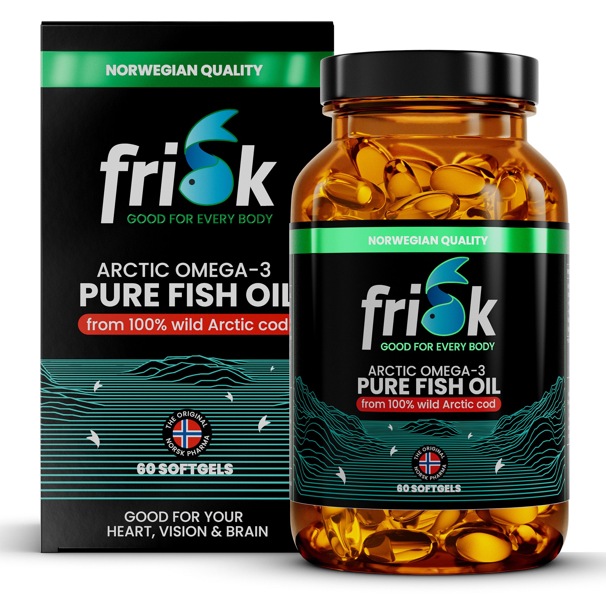 Frisk Omega 3 pure fish oil softgels with DHA and EPA, shown in a box and bottle, highlighting the Vetzuren supplement.