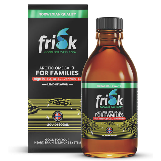 Frisk Omega 3 gezin citroen bottle of fish oil with DHA and D3, 200ml, featuring lemon flavor and family-friendly packaging