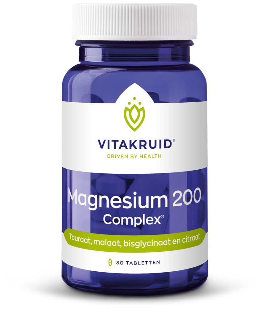 Vitakruid Magnesium 200 Complex supplement with magnesium taurate, malate, and bisglycinate tablets, dietary health support.