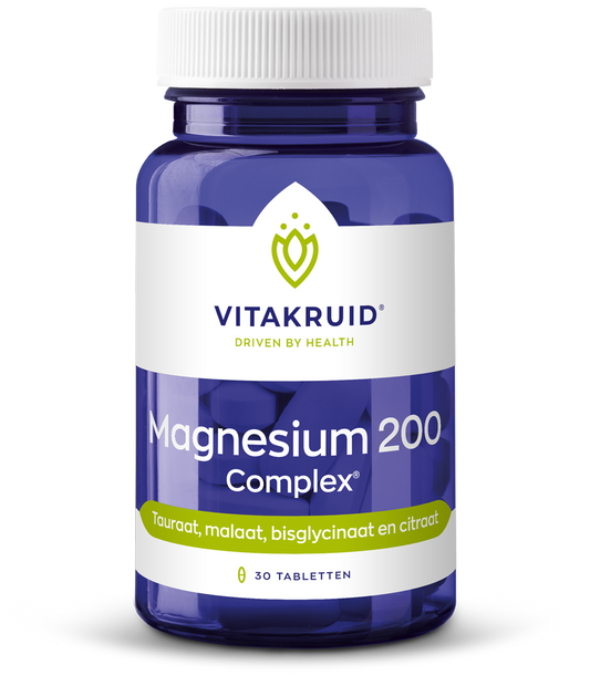 Vitakruid Magnesium 200 Complex supplement with magnesium taurate, malate, and bisglycinate tablets, dietary health support.