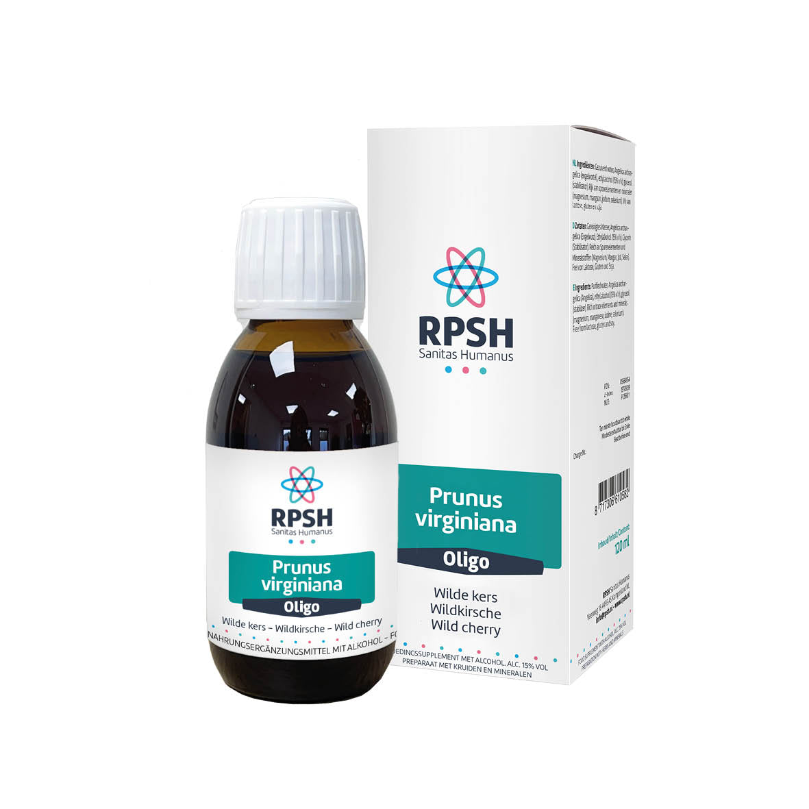 RPSH Oligo Prunus virginiana Wilde kers herbal preparation in 120ml bottle, featuring Prunus virginiana plant for herbal use.