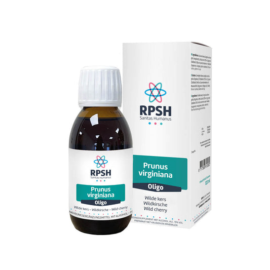 RPSH Oligo Prunus virginiana Wilde kers herbal preparation in 120ml bottle, featuring Prunus virginiana plant for herbal use.