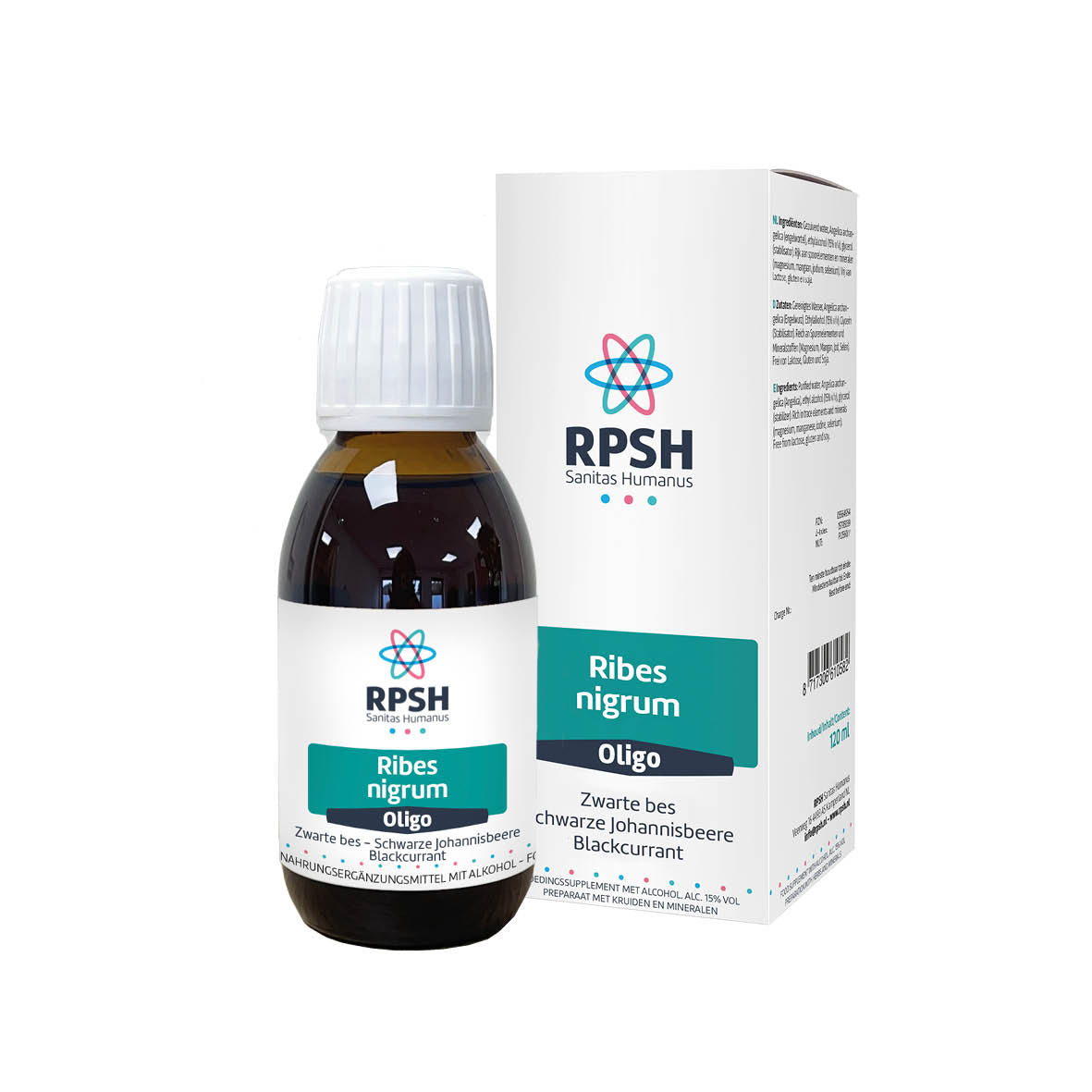 RPSH Oligo Ribes nigrum black currant herbal supplement in a 120ml bottle, featuring fresh black currant berries.