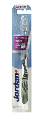 Jordan Reach Medium toothbrush with 1.00 size, showing the handle and bristles for effective dental cleaning.