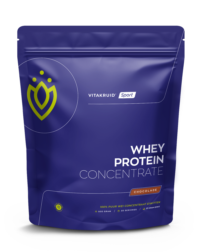Vitakruid Whey Protein Concentrate in chocolate flavor, 900g pouch, featuring amino acids for muscle support and recovery.