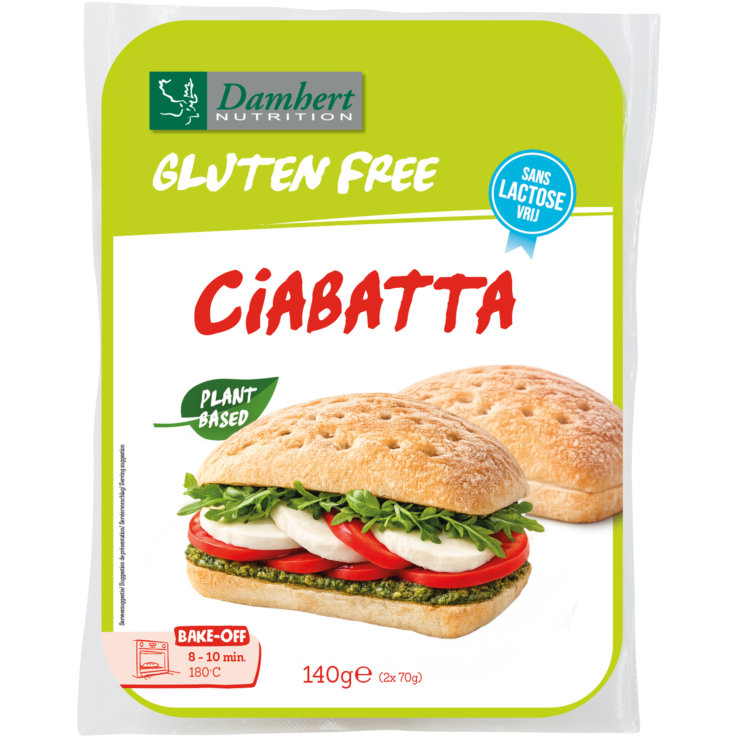 Damhert gluten-free plant-based ciabatta bread slice in a clear view, showcasing its golden crust and soft interior.