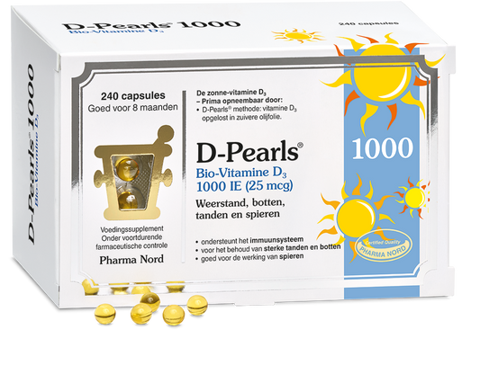 Pharma Nord Bio-Vitamine D3 25mcg vitamin capsules, close-up of a bottle with capsules inside, natural supplement packaging.