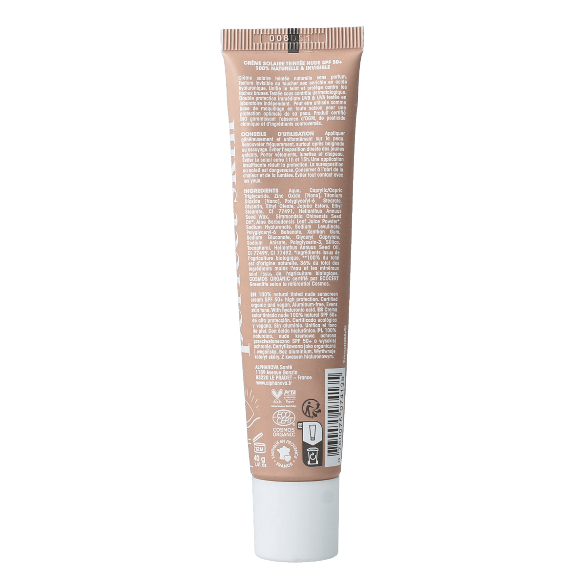 Alphanova Skin Sun Face Tinted Cream Light SPF50+ in 40g tube, natural makeup with sun protection, light tinted face cream.