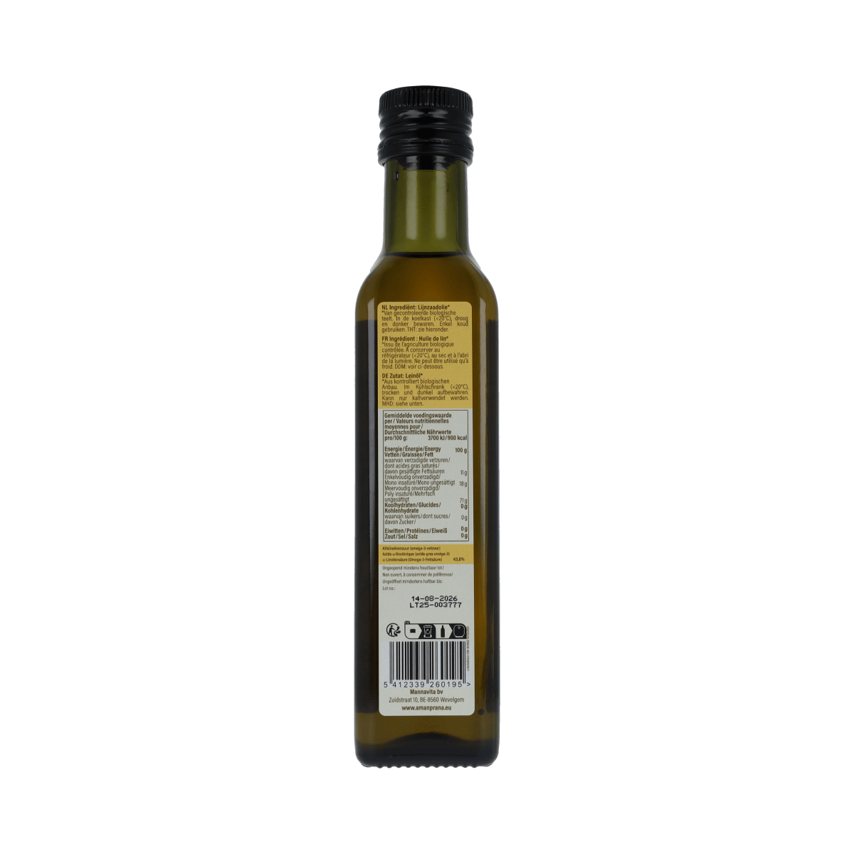 Amanprana organic flaxseed oil in a 250ml bottle, natural golden liquid, labeled as bio, stored in a clear glass bottle.