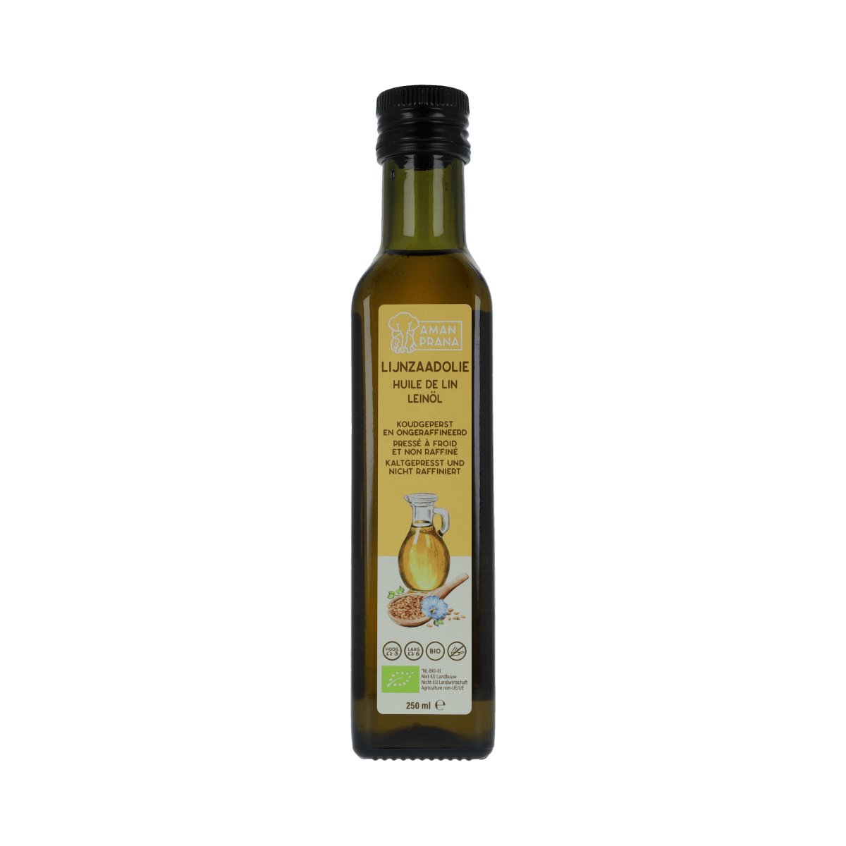Amanprana organic flaxseed oil in a 250ml bottle, shown with a glass of flaxseed oil and fresh flax seeds on a white background.