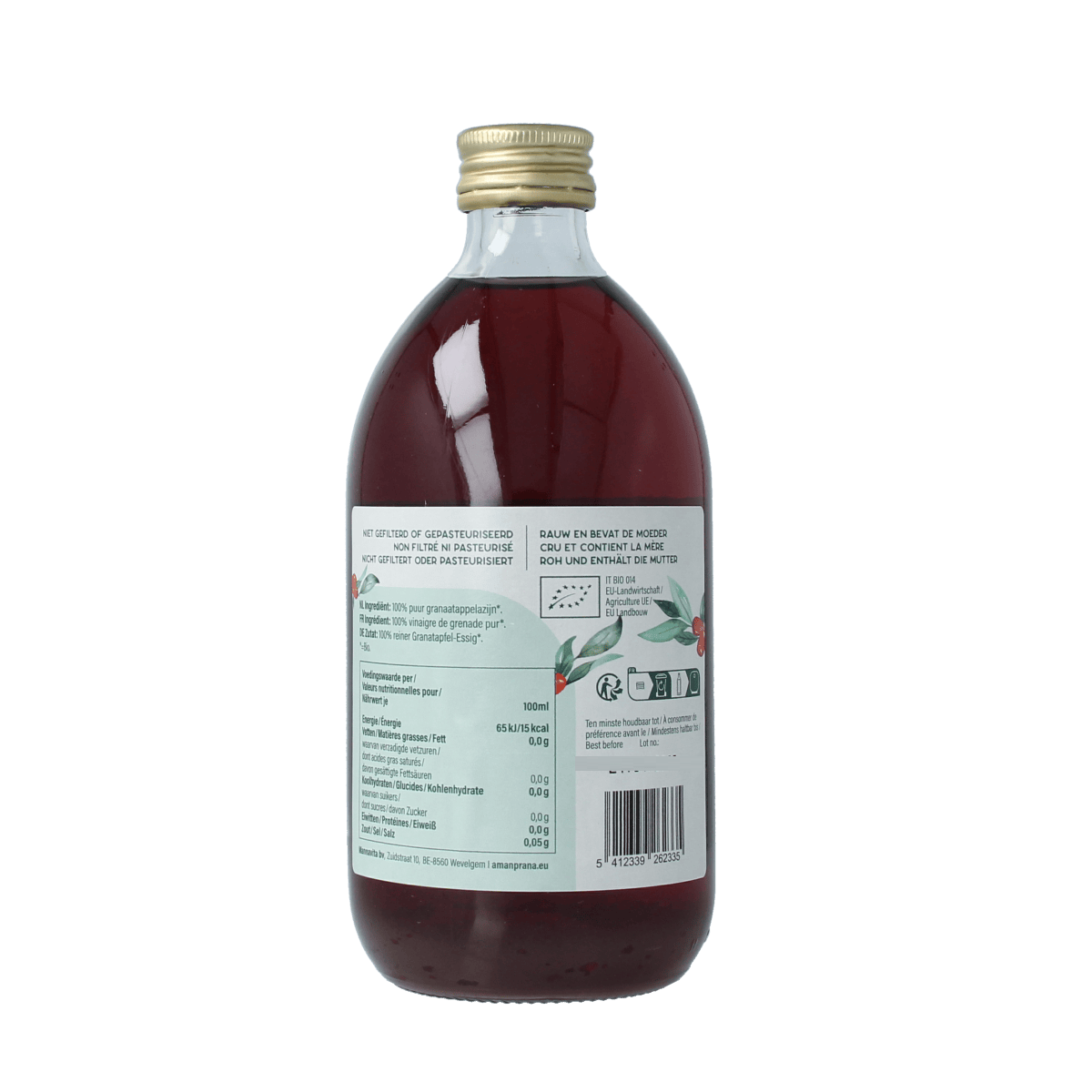 Amanprana organic pomegranate vinegar bottle, 500ml, with label showing natural ingredients and brand logo.