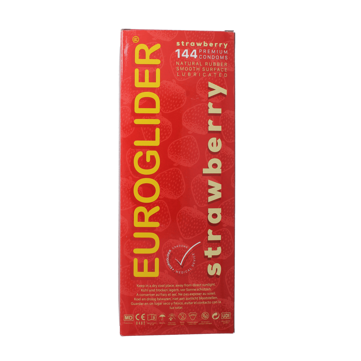 Asha brand strawberry-flavored condoms, 144 pack, shown in a close-up image of the condom packaging.