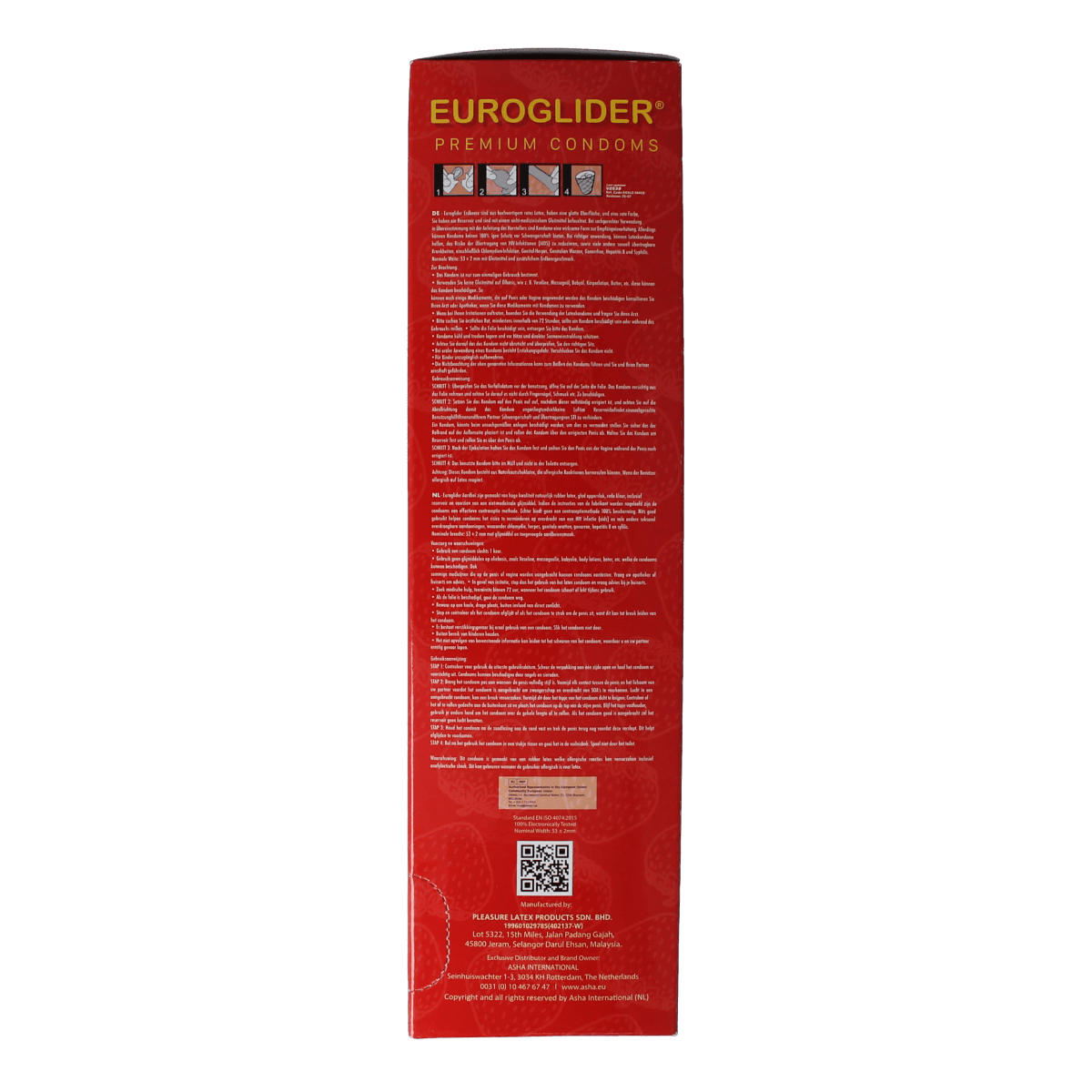 Asha brand strawberry-flavored condoms in a box of 144 pieces, displayed in a clear open package.