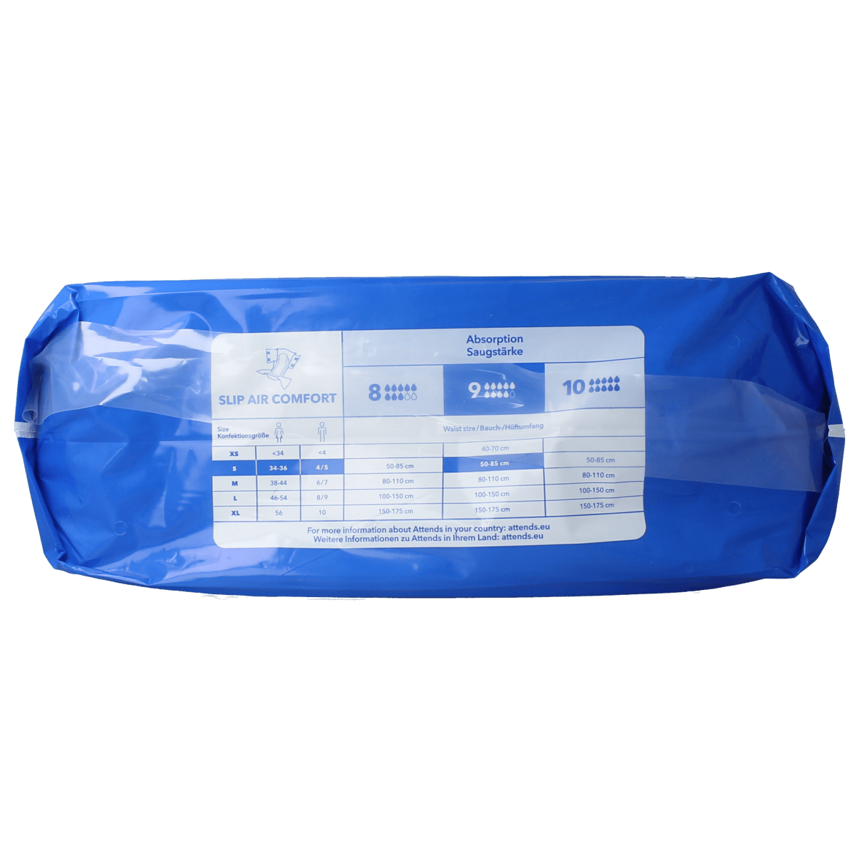 Attends Slip Air Comfort 9S incontinence pads, pack of 21, designed for comfort and secure fit in incontinence management.