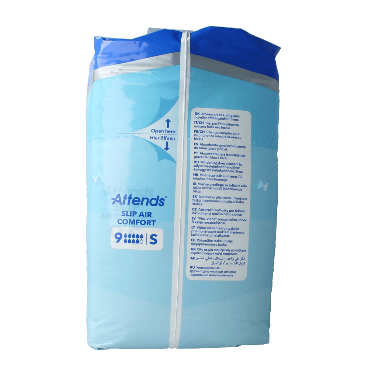 Attends Slip Air Comfort 9 S incontinence pads, 21 packages, soft breathable fabric, designed for comfort and absorption.