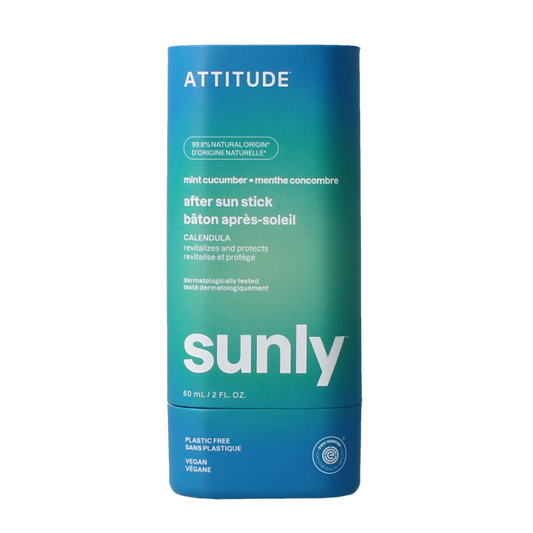 Attitude Sunly after sun stick with mint and cucumber scent, SPF 30 deodorant in a 60g tube.
