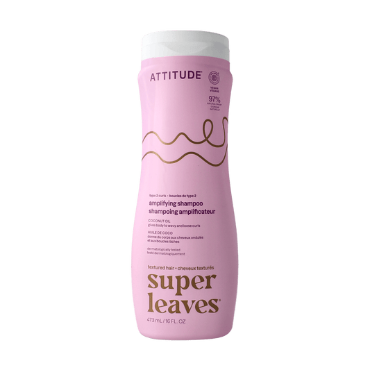 Attitude Coconut Oil Curl Amplifying Shampoo bottle for type 2 curls, 473ml, with a white pump dispenser and label.