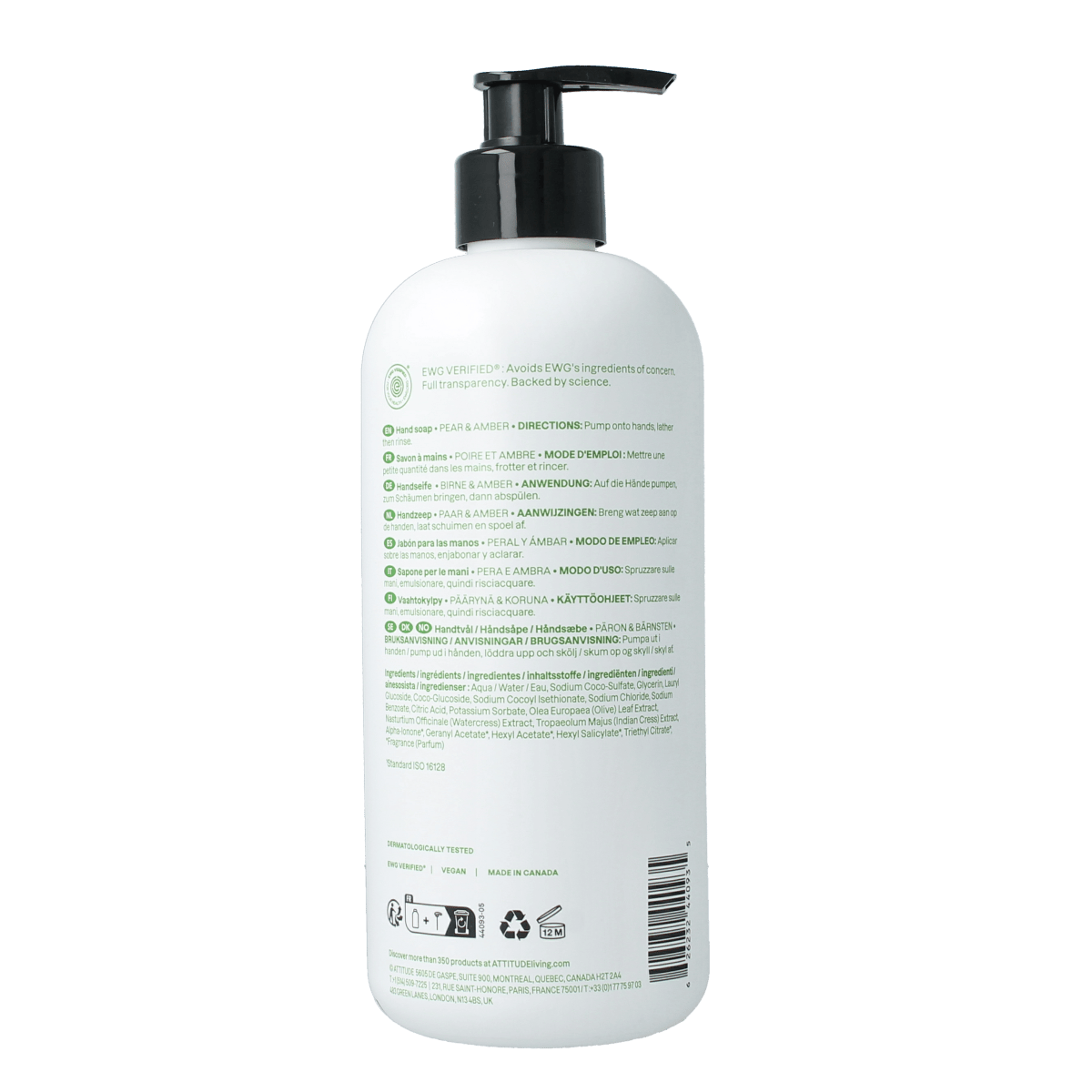 Attitude Super Leaves hand soap with pear and amber scent in a 473ml bottle, featuring a natural and fresh soap design.