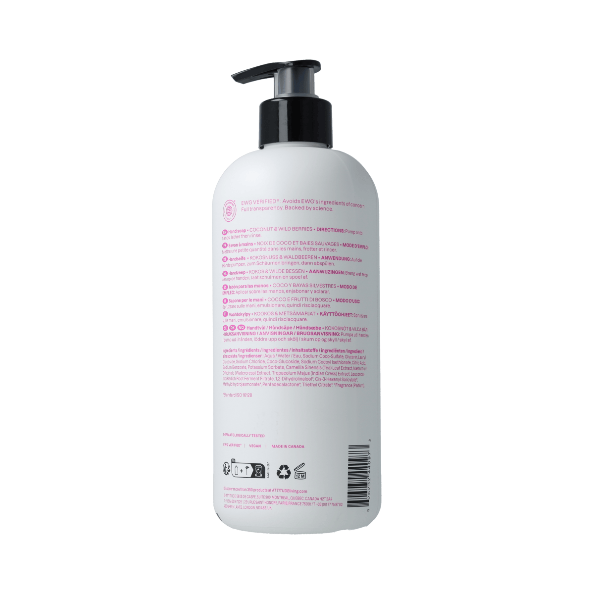 Attitude Super Leaves White Tea Hand Soap in 473ml bottle, featuring white tea leaves on the label, gentle skin cleanser.