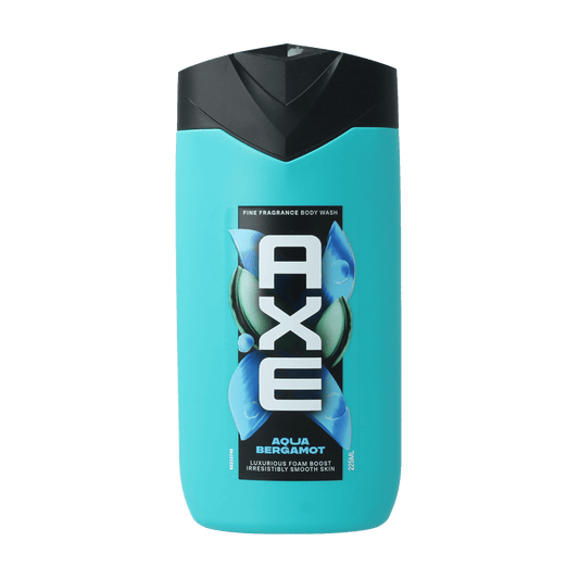 AXE Fine Fragrance Aqua Bergamot douchegel in 225ml bottle, featuring a sleek design with blue accents and fresh citrus scent.