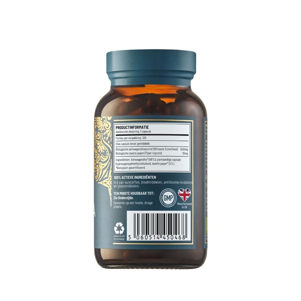 Ayurvediq biologische Ashwagandha capsules in a bottle, herbal supplement for stress relief and overall wellness.