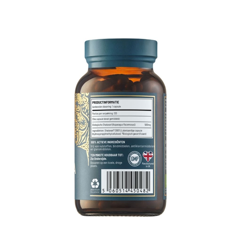 Ayurvediq Biologische Shatavari capsules in a clear bottle, herbal supplement for women’s health, natural Ayurvedic herbal preparation.