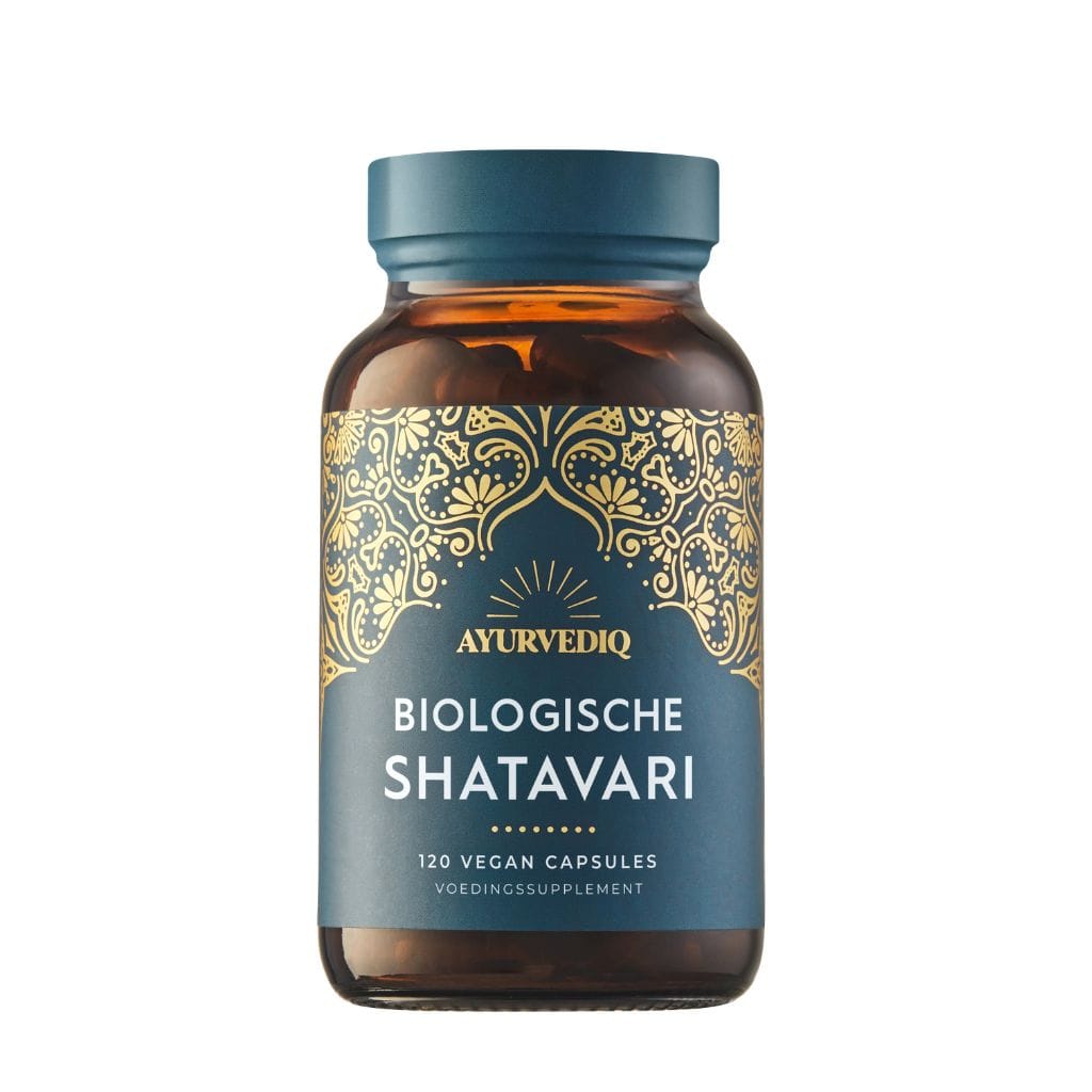 Ayurvediq biologische Shatavari capsules, herbal supplement in a clear bottle with label, 120 capsules.