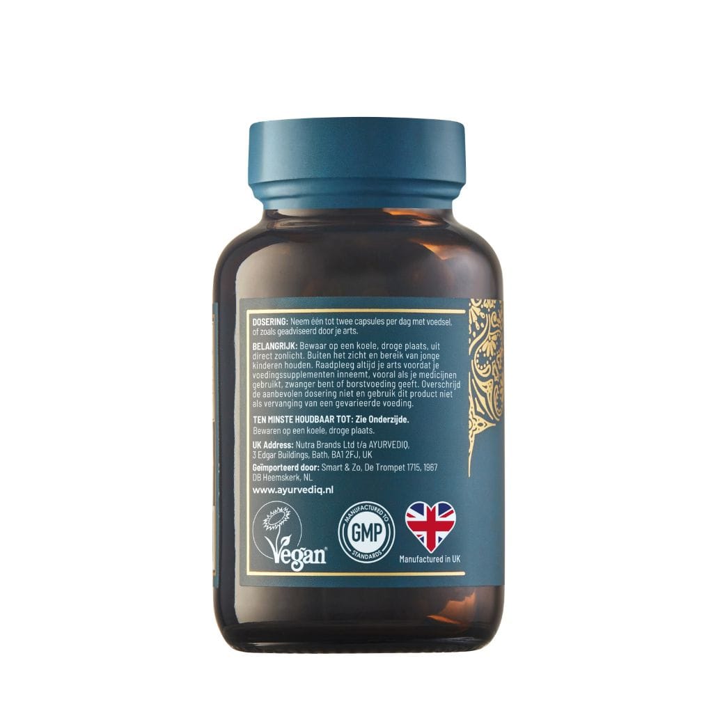 Ayurvediq Boswellia Serrata capsules in a bottle, herbal supplement for joint health, natural Kruidenpreparaten by Ayurvediq.