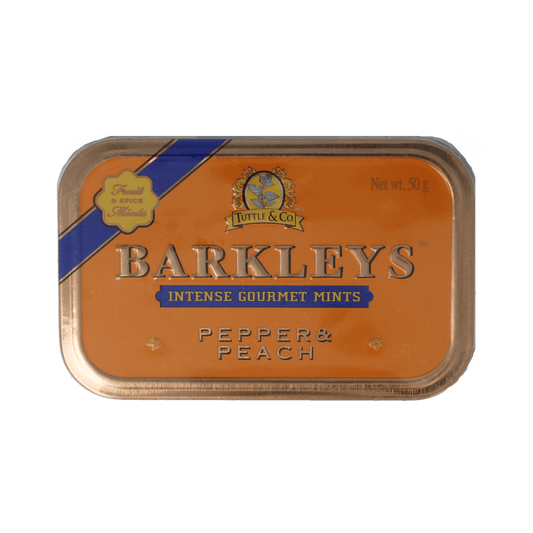 Barkleys Gourmet Mints Pepper & Peach in 50g package, colorful peppermint and peach-flavored candies from Barkleys snoepgoed.