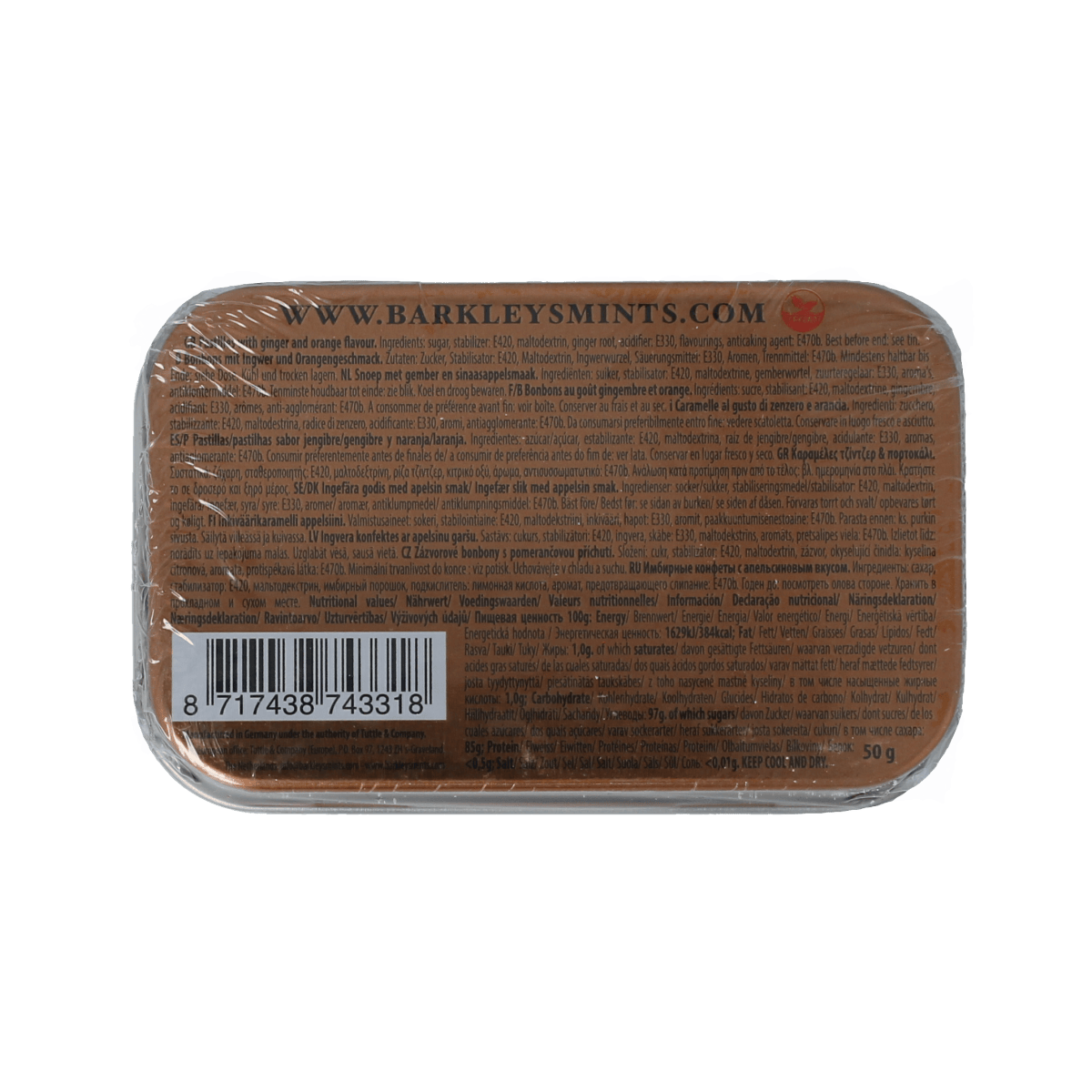 Barkleys Mints ginger and orange flavored snoepgoed in 50g package, featuring colorful mints with fresh ginger and orange taste