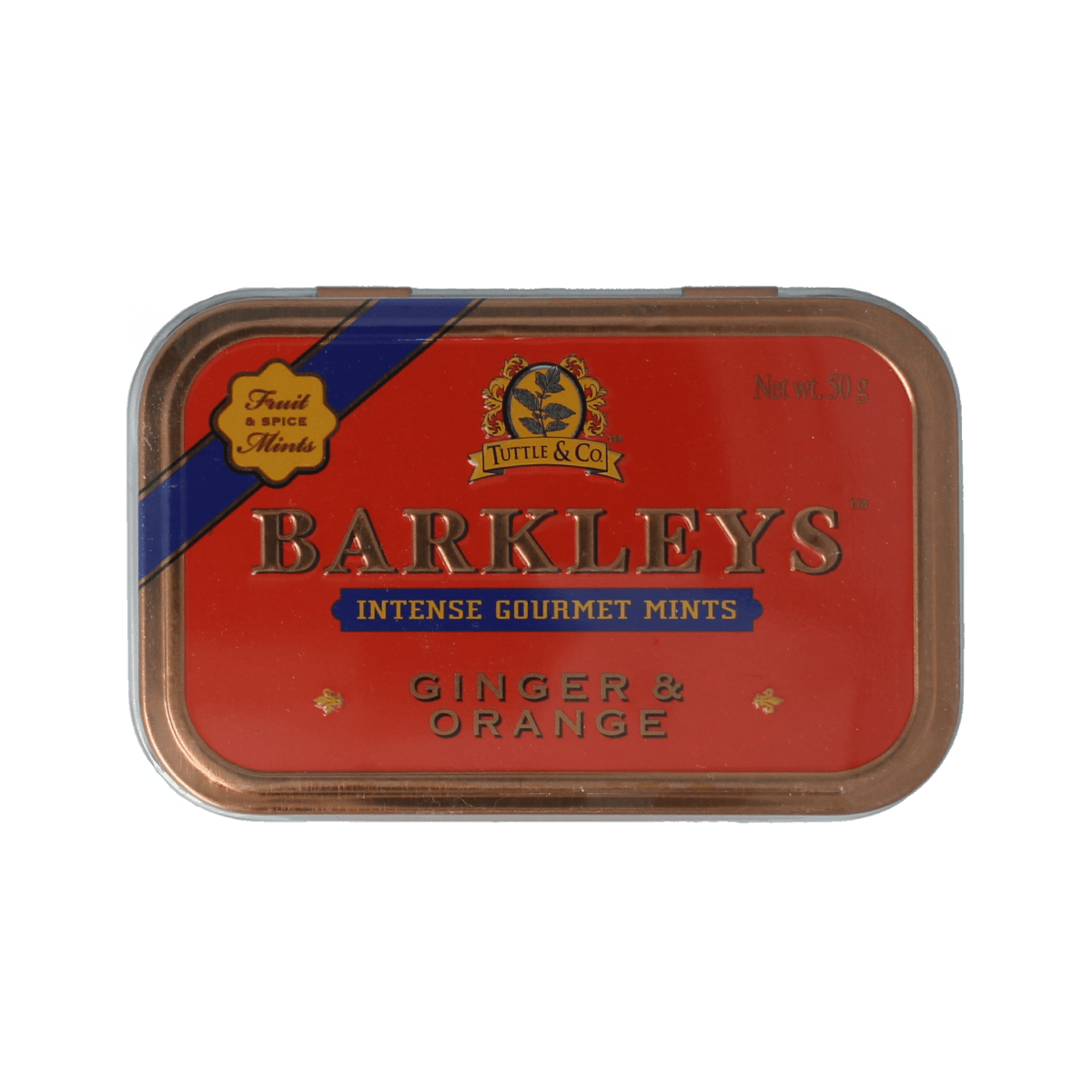 Barkleys Mints ginger and orange snoepgoed in a 50g package, featuring colorful mints with ginger and orange flavors.