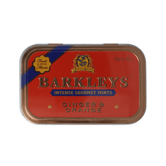 Barkleys Mints ginger and orange snoepgoed in a 50g package, featuring colorful mints with ginger and orange flavors.