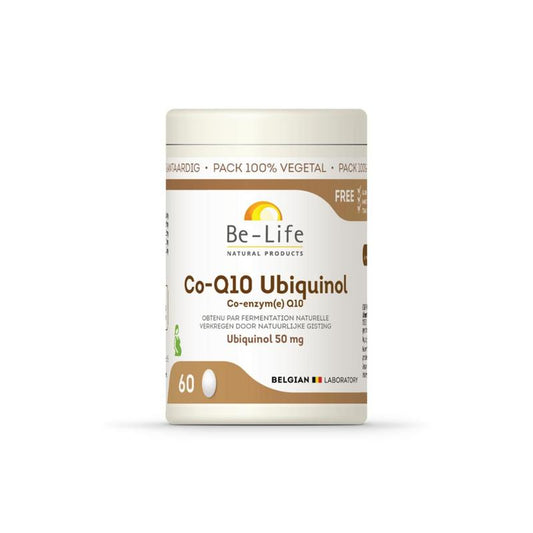 Be-Life Co-Q10 Ubiquinol 60 capsules in a bottle, dietary supplement for energy and antioxidant support.