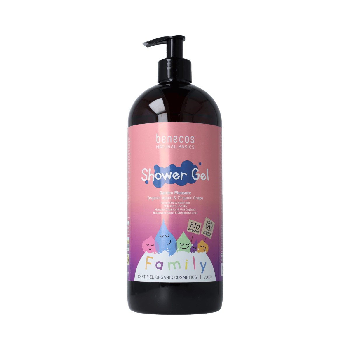 Benecos Natural Beauty shower gel in family size, Garden Pleasure scent, 950ml bottle, gentle hair and body cleansing product.